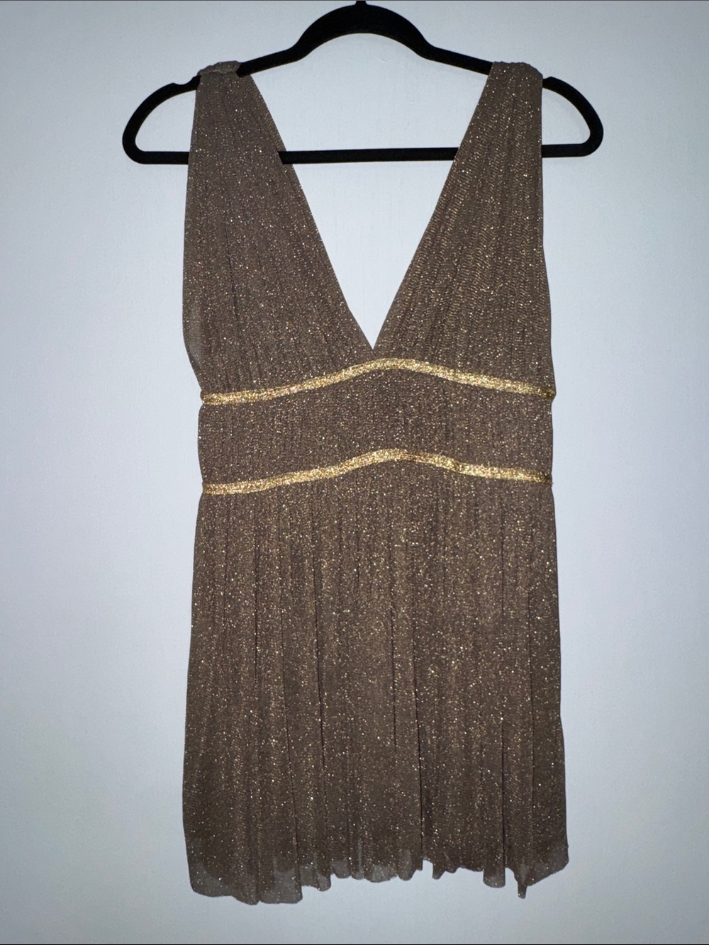 Sparkling Brown V-Neck Mini Dress with Gold Accents